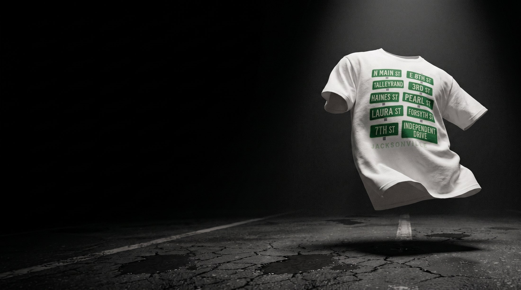 White cotton tee floating above cracked asphalt at night, printed with green Jacksonville street signs reading N Main St, Talleyrand, Haines St, Laura St, 7th St, E 8th St, 3rd St, Pearl St, Forsyth St and Independent Drive.