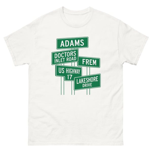 White tee printed with Adams Street area signs including US Highway 17 and Lakeshore Drive.