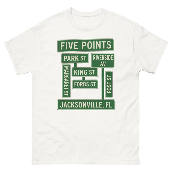 White tee printed with Five Points Jacksonville street signs.