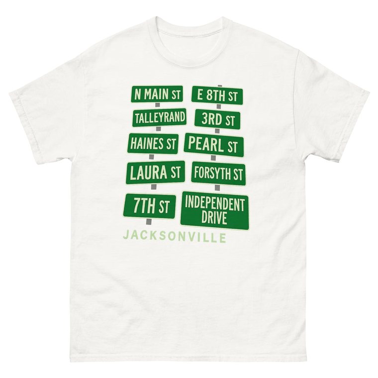 White tee printed with ten downtown Jacksonville street signs.