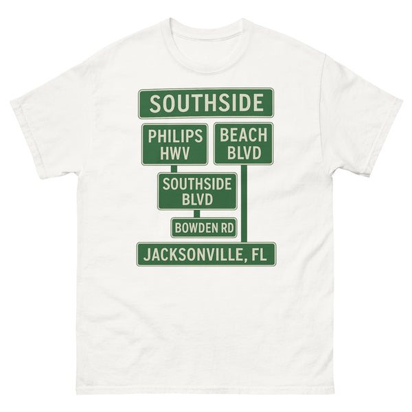 White tee printed with Southside Jacksonville street signs.