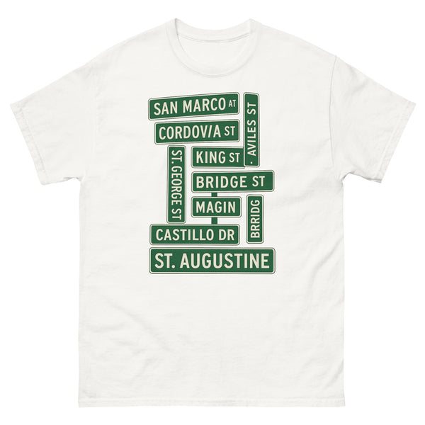 White tee printed with St. Augustine street signs.
